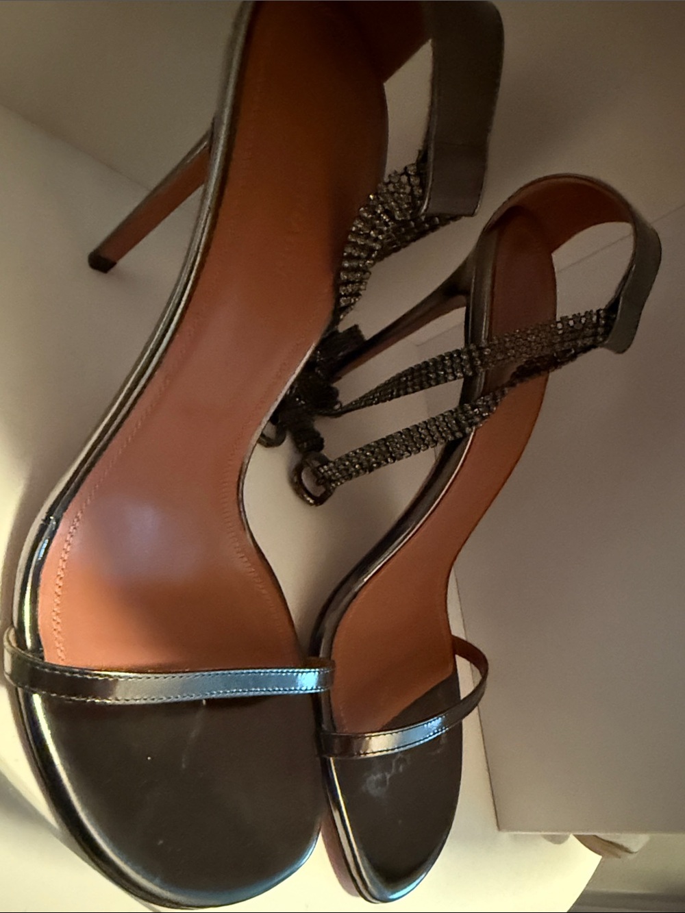 Womens Metallic Black Strappy High Heel Sandals